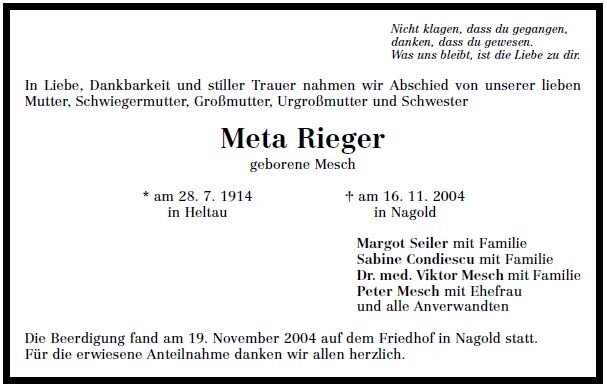 Mesch Meta 1914-2004 Todesanzeige